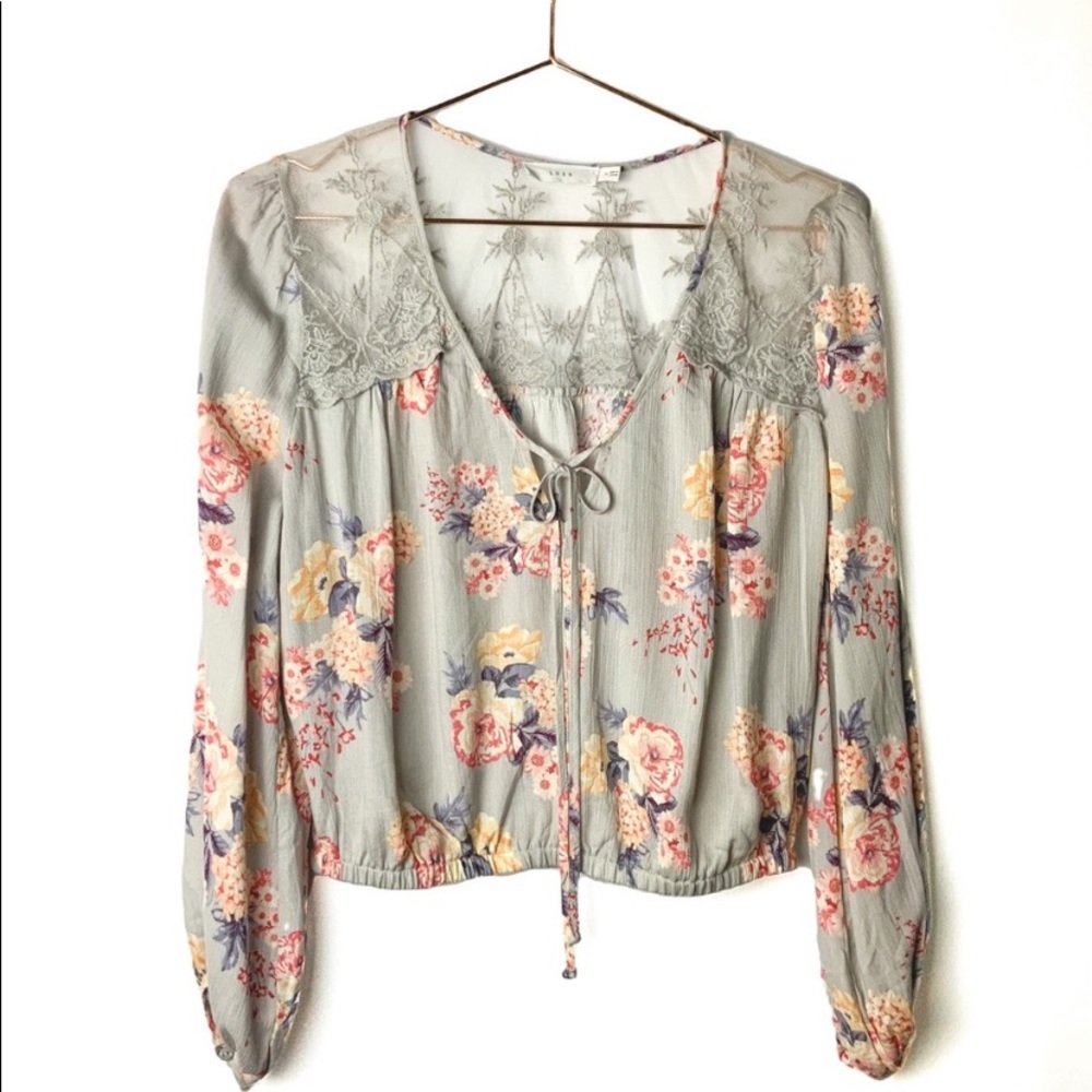 LUSH Floral and Lace Tie Blouse